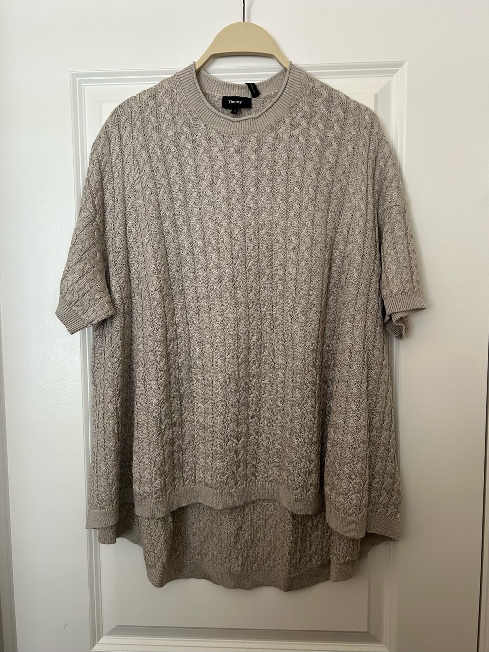 NWT! Theory Taupe Cable-Knit Short-Sleeve Crewneck Sweater